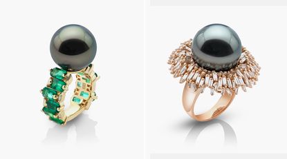 Two rings with black pearls and emeralds and diamonds.