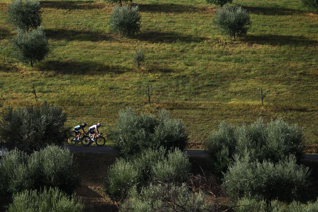 TORTORETO ITALY OCTOBER 13 Peter Sagan of Slovakia and Team Bora Hansgrohe Ben Swift of The United Kingdom and Team INEOS Grenadiers Breakaway Landscape during the 103rd Giro dItalia 2020 Stage 10 a 177km stage from Lanciano to Tortoreto girodiitalia Giro on October 13 2020 in Tortoreto Italy Photo by Tim de WaeleGetty Images