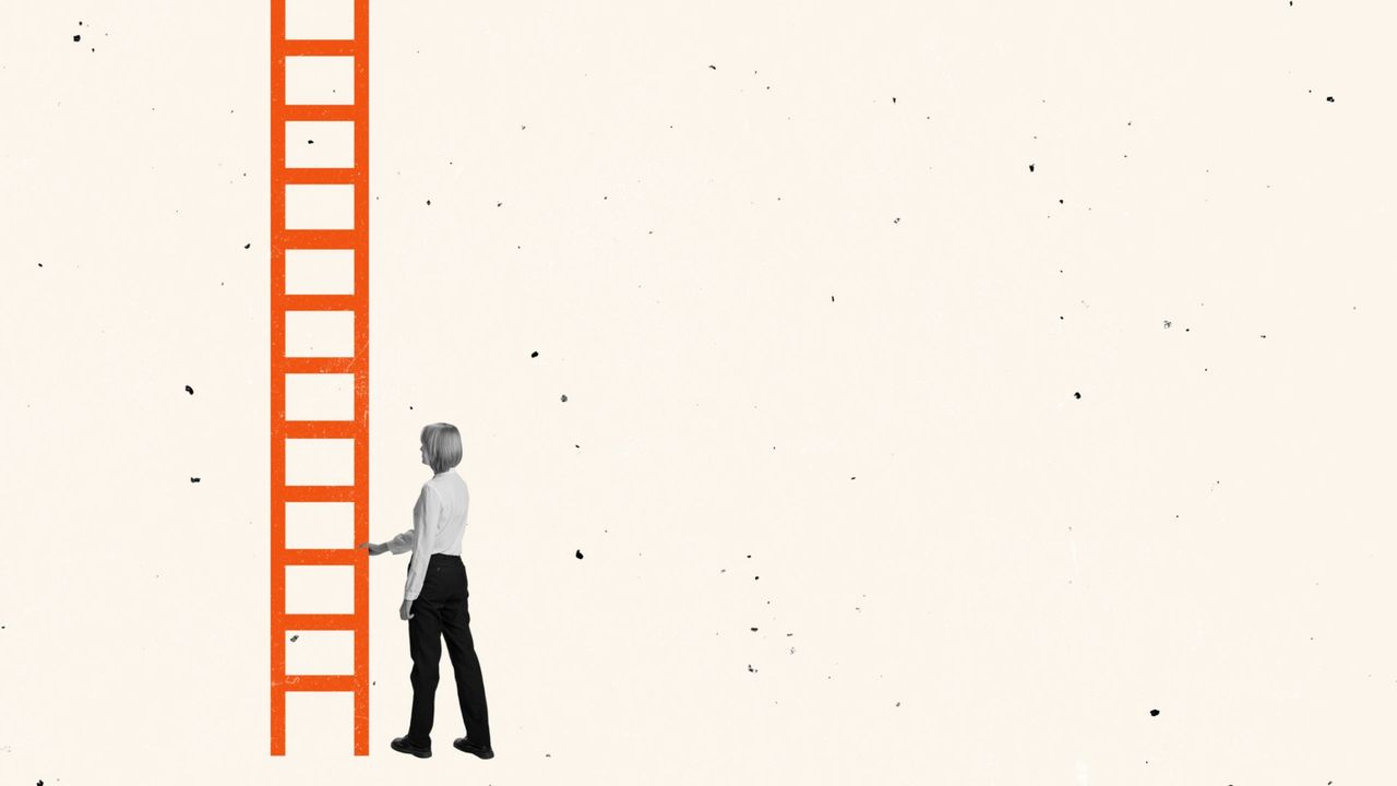 Woman climbing a illustrated ladder