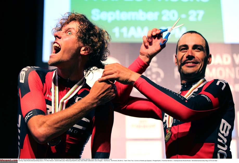Manuel Quinziato tries to give Daniel Oss a haircut after BMC win the Worlds team time trial