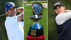 Jorge Campillo (left), Qatar Masters trophy (centre), Joe Dean (right)