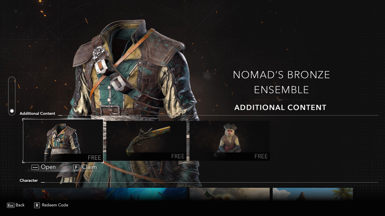 Black Flag outfits: The Nomad's Bronze Ensemble and other related items viewed in the store.