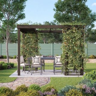 brown hardwood pergola with two trellis wall sections and climbing plants over outdoor dining area