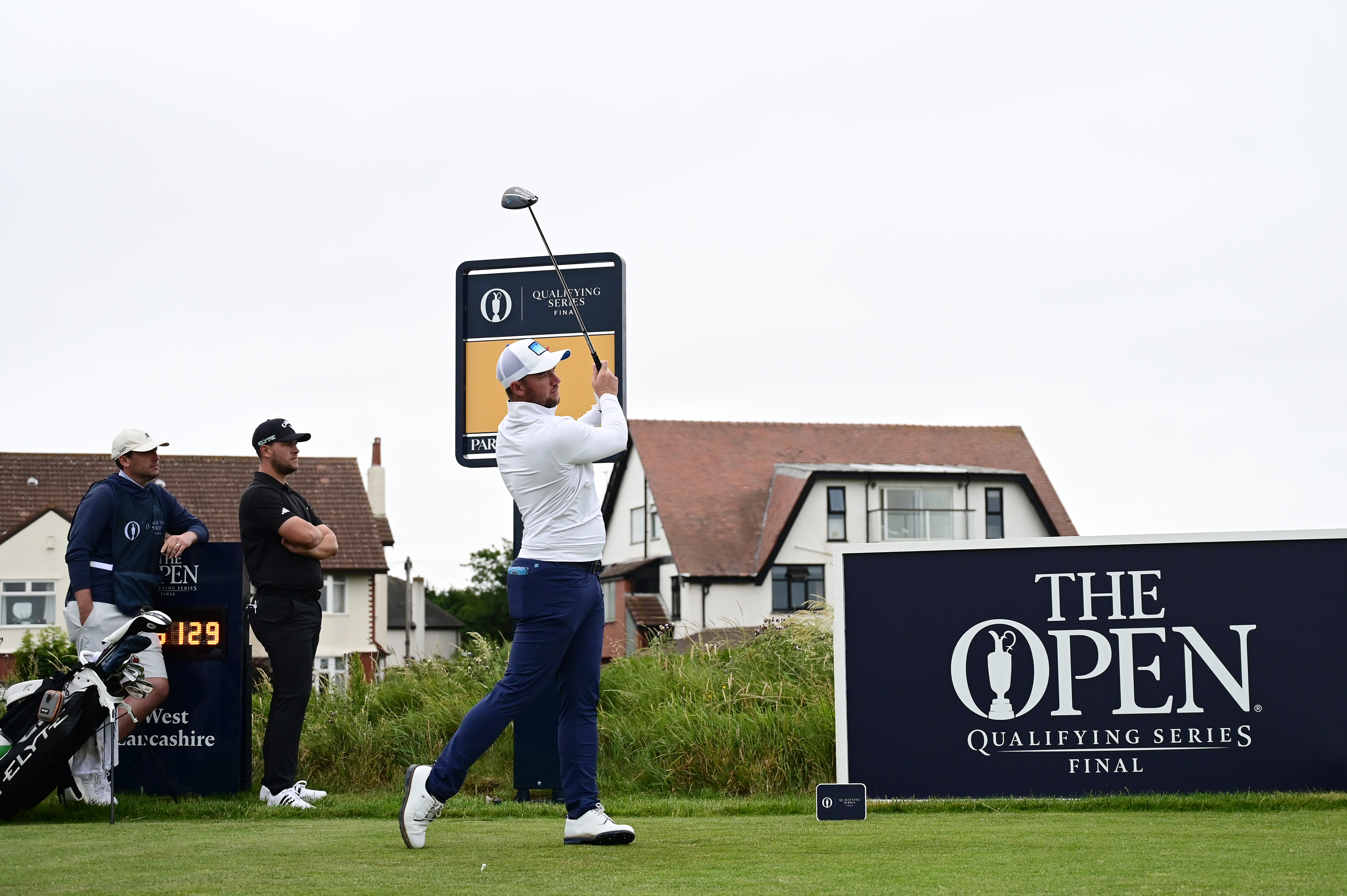 Sam Horsfield tees off at West Lancashire Golf Club during Open Championship Final Qualifying 2025