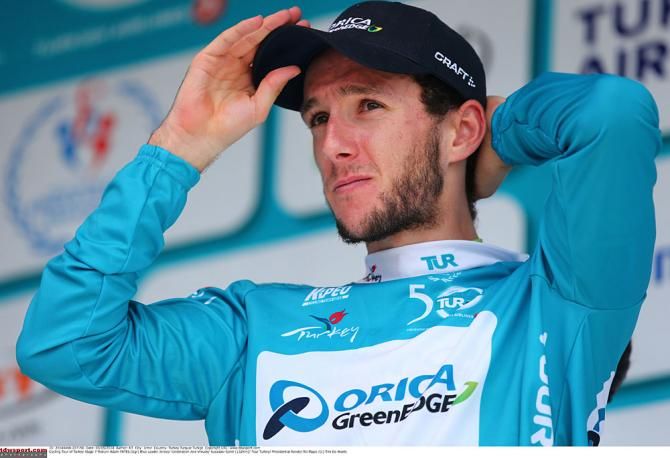 Race leader Adam Yates in the blue jersey