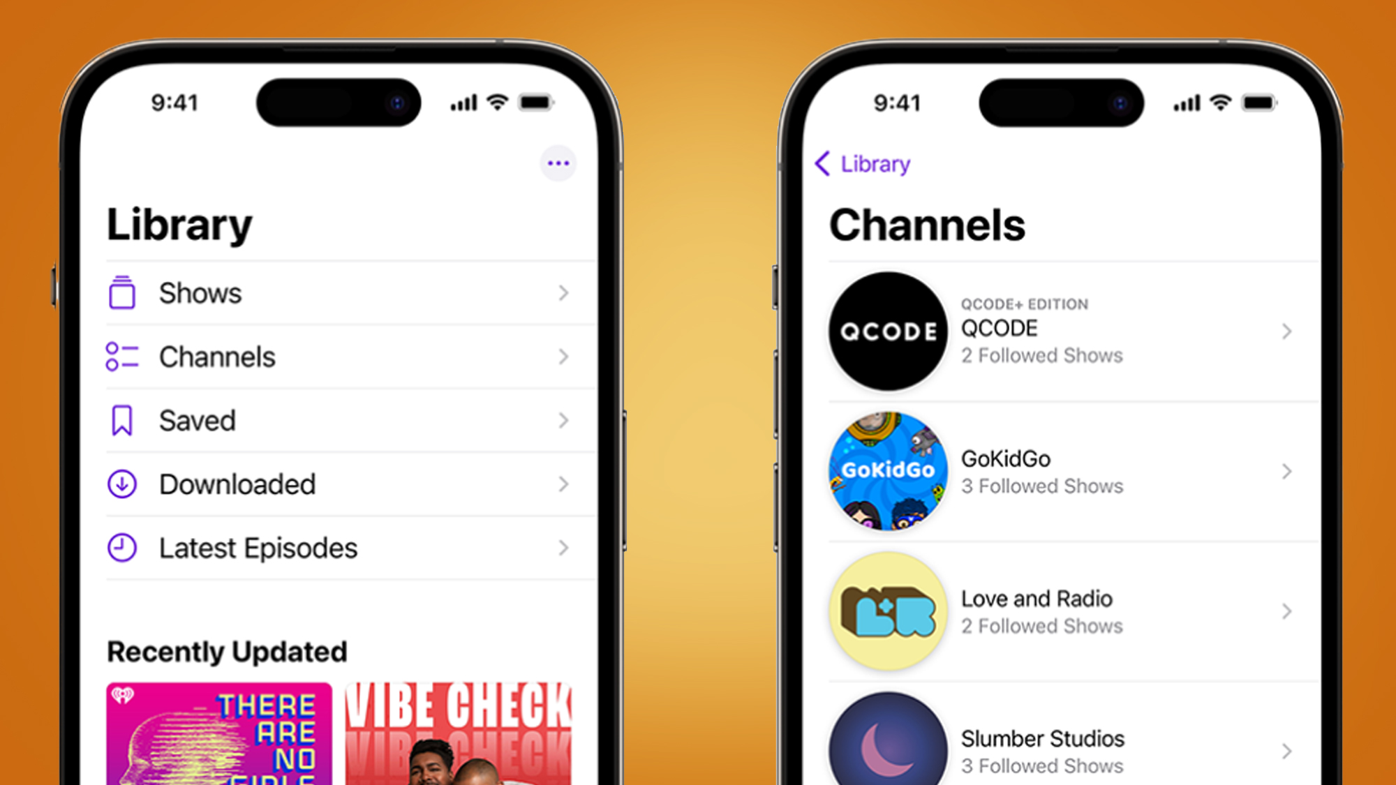 Two iPhone showing the new Podcasts app in iOS 16.4