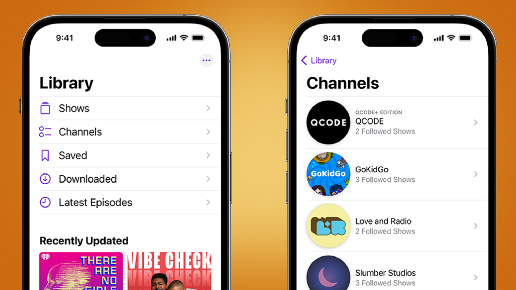 Dos iPhone que muestran la nueva aplicación Podcasts en iOS 16.4