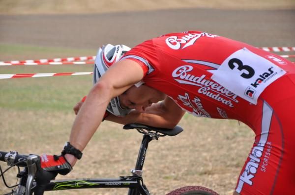 Martin B&iacute;na (Cyklo Team Budvar T&aacute;bor) recovers after taking second place.