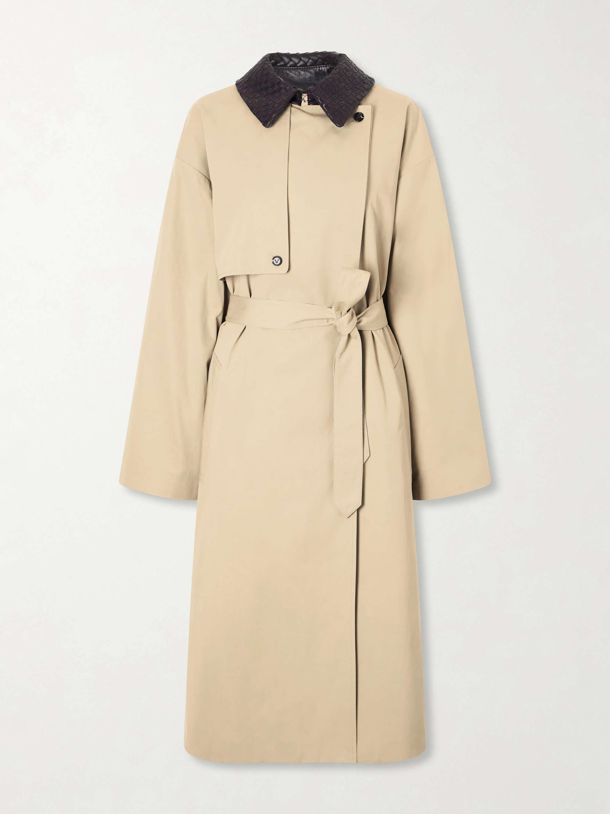 Belted Leather-Trimmed Cotton Trench Coat