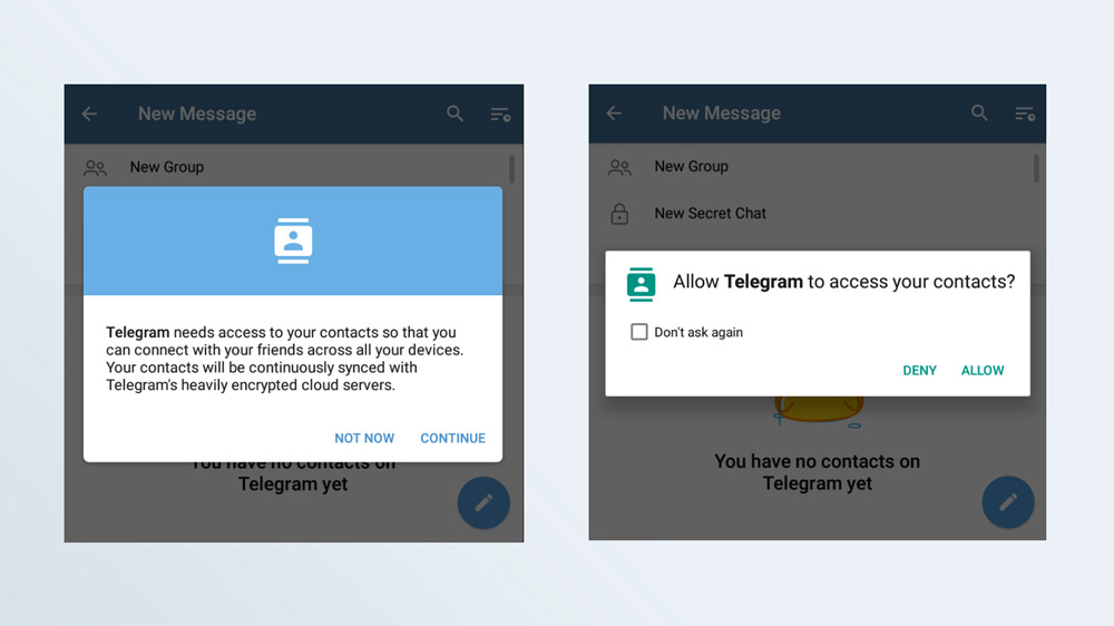 Screenshots of the Telegram contacts-permission process in Android.