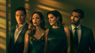 Sam Palladio as Jacob, Aggy K Adams as Mia, Annabel Scholey as Charlotte and Sendhil Ramamurthy as Leo wearing stylish outfits in a shady room in The Couple Next Door Season 2