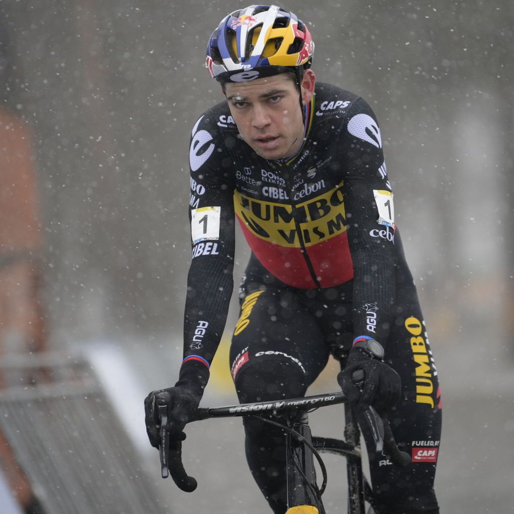 Belgian Wout Van Aert crosses the finish line to win the mens elite race of the Zilvermeercross cyclocross cycling event in Mol on Saturday 16 January 2021BELGA PHOTO YORICK JANSENS Photo by YORICK JANSENSBELGA MAGAFP via Getty Images