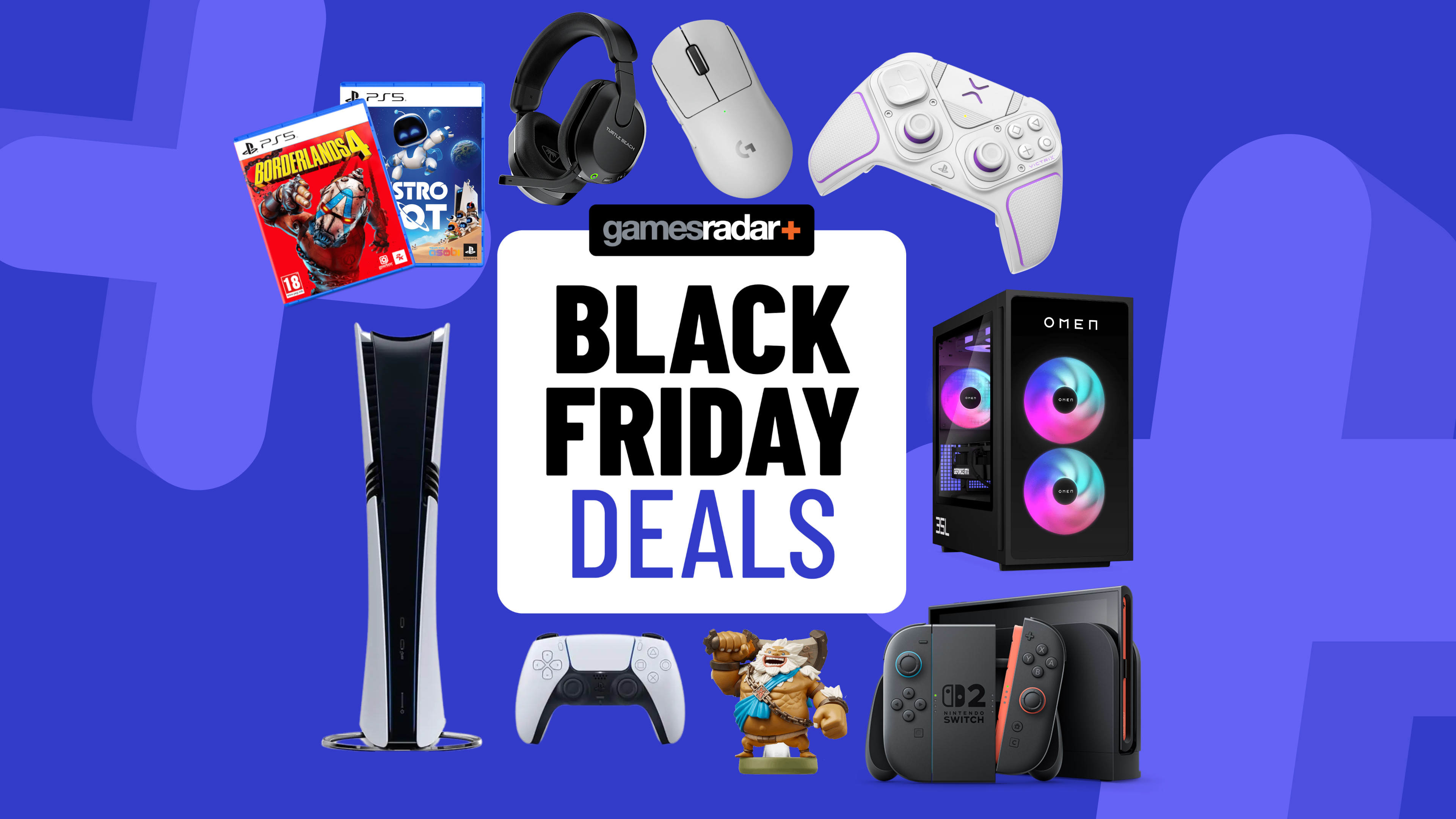 PS5, Nintendo Switch 2, and PC with accessories and games on a blue background with Black Friday deals badge