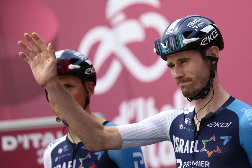 Israel-Premier Tech&#039;s Canadian rider Derek Gee waves during the presentation prior to the first stage of the 108th Giro d&#039;Italia cycling race, 160km from Durres to Tirana in Albania, on May 9, 2025. (Photo by Luca Bettini / AFP) (Photo by LUCA BETTINI/AFP via Getty Images)