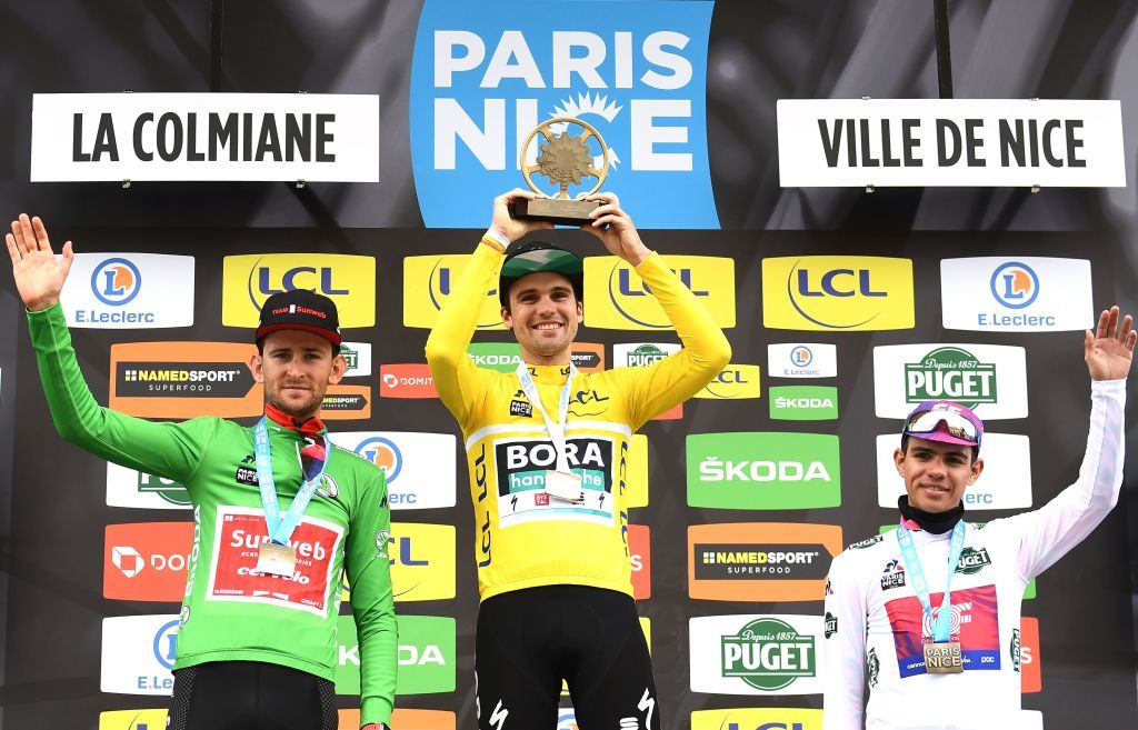 Maximilian Schachmann (Bora-Hansgrohe) on the final podium at the 2020 Paris-Nice