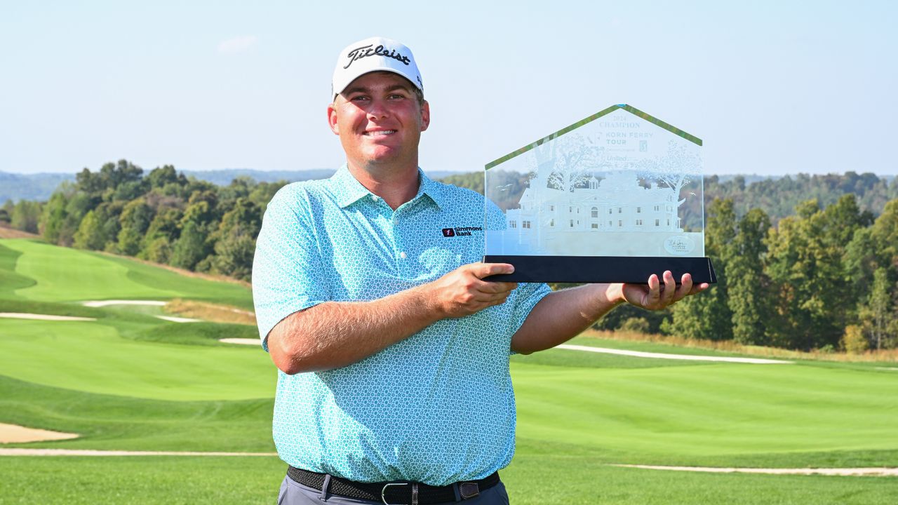 Tournament winner Braden Thornberry poses with the trophy during the final round of the Korn Ferry Tour Championship presented by United Leasing &amp; Finance at French Lick Golf Resort on October 06, 2024 in French Lick, Indiana. 