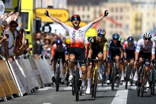 SAN SBASTIN SPAIN JULY 02 Victor Lafay of France and Team Cofidis celebrates at finish line as stage winner ahead of Wout Van Aert of Belgium and Team JumboVisma during the stage two of the 110th Tour de France 2023 a 2089km stage from VitoriaGasteiz to San Sbastin UCIWT on July 02 2023 in San Sbastin Spain Photo by Michael SteeleGetty Images