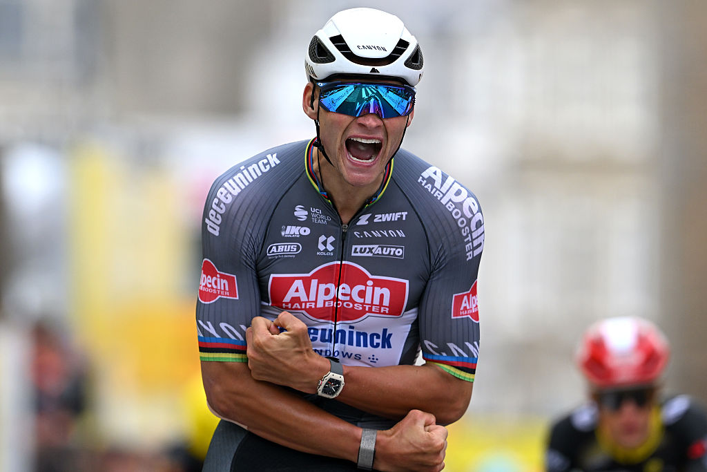 2025 Tour de France stage 2: Mathieu van der Poel celebrates the win
