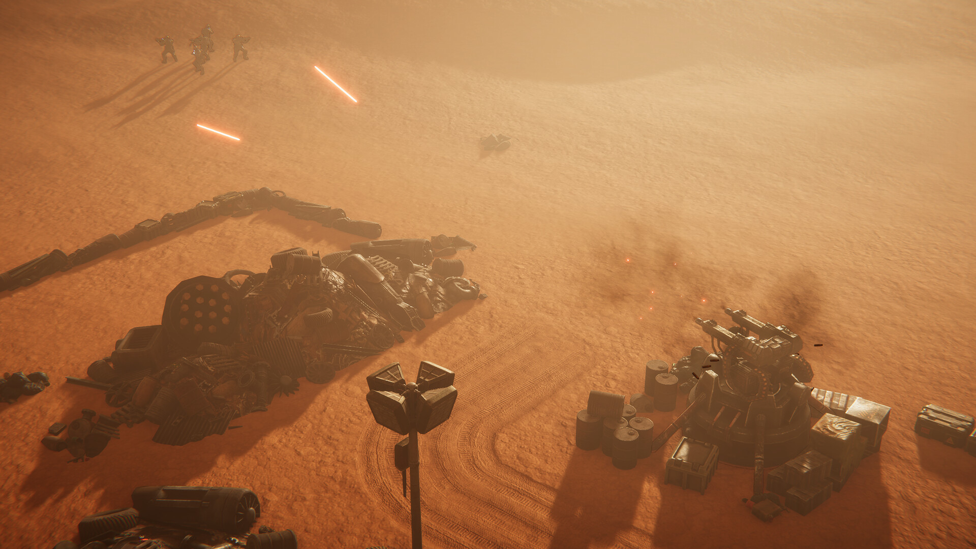 Menace gameplay showing a squad of soldiers in a desert under fire from a laser turret