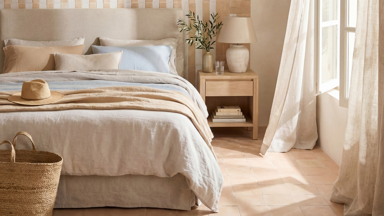 A serene, sunlit bedroom with warm terracotta-toned rectangular floor tiles laid in a staggered pattern. A linen-upholstered bed with sandy neutral bedding and a straw hat sits beside a light oak bedside table. 