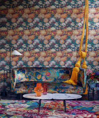 Abigail Ahern maximalist tip, maximal room with floral wallpaper