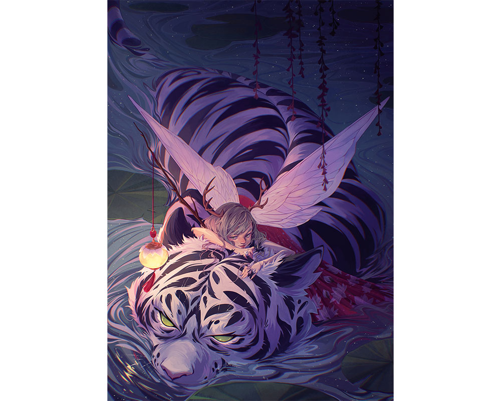 Digital art showing a fairy cuddling a tiger