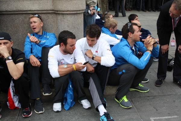 Mark Cavendish and Adam Blythe during the 2011 Giro d'Italia presentation.