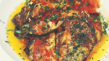 Baked aubergines with tomatoes, tarragon and crème fraîche