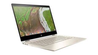 HP Chromebook x360 at an angle on a white background