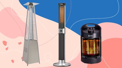 A silver pyramid Belfry Heating gas patio heater on a paved patio