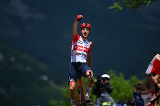 GRENOBLE ALPES MTROPOLE FRANCE JUNE 11 Giulio Ciccone of Italy and Team Trek Segafredo celebrates at finish line as stage winner during the 75th Criterium du Dauphine 2023 Stage 8 a 1528km stage from Le PontdeClaix to La Bastille Grenoble Alpes Mtropole 498m UCIWT on June 11 2023 in Grenoble Alpes Mtropole France Photo by Dario BelingheriGetty Images