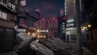 The player character inspects her pistol as she approaches a checkpoint inside Tokyo Walled City.
