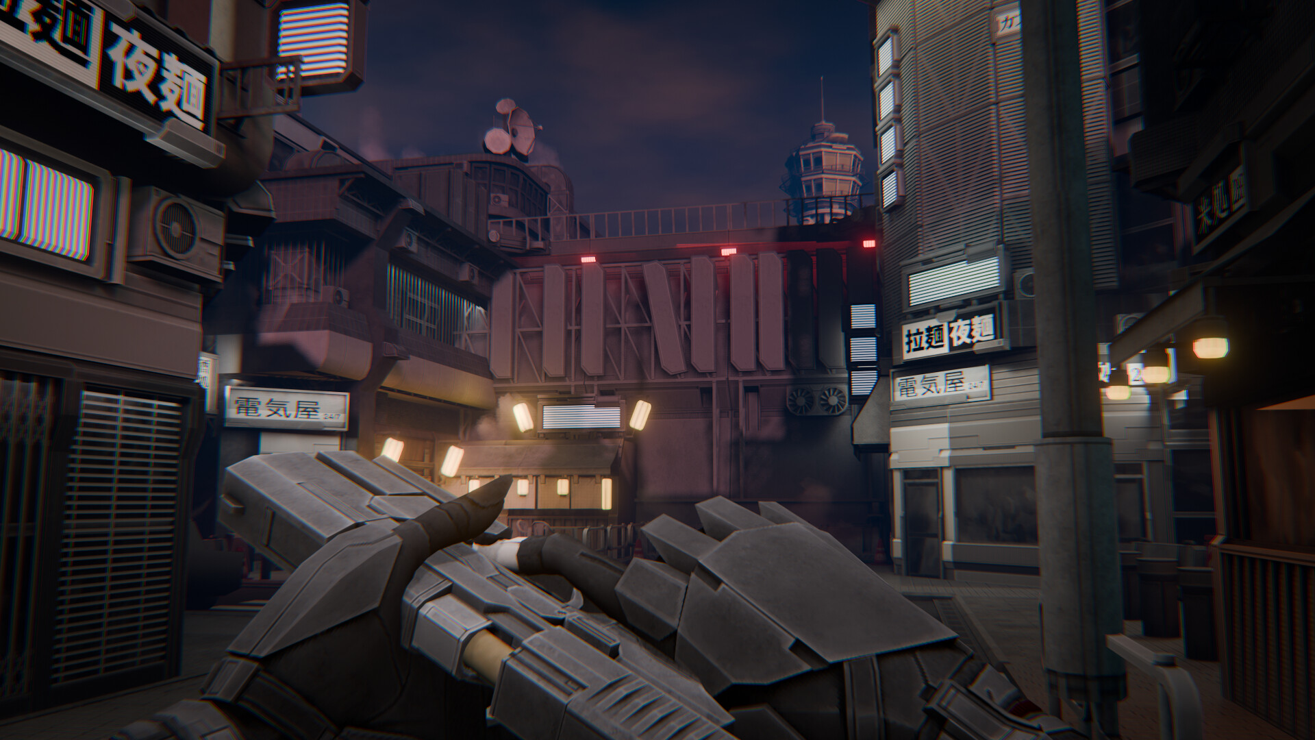 The player character inspects her pistol as she approaches a checkpoint inside Tokyo Walled City.