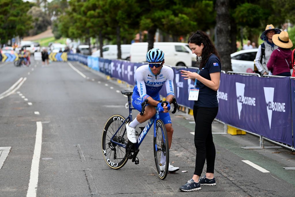 GEELONG AUSTRALIA JANUARY 29 Michael Matthews of Australia and Team Jayco Alula disappointment after crosses the finish line during the 7th Cadel Evans Great Ocean Road Race 2023 Mens Elite a 1743km one day race from Geelong to Geelong CadelRoadRace on January 29 2023 in Geelong Australia Photo by Tim de WaeleGetty Images