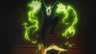 Doctor Phosphorus leaping into the air as he activates his powers in Creature Commandos episode 1