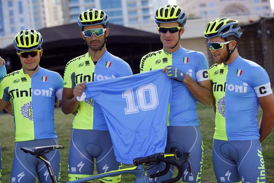 Tinkoff-Saxo show off their special training jersey, a nod to local resident Diego Maradona