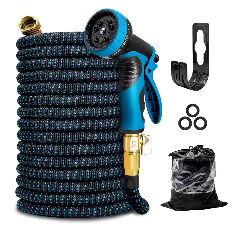 Kotto Expandable Garden Water Hose, 10 Spray Nozzles, Anti-Rust Solid Brass Connector, Lightweight No-Kink Flexible - Blue 50ft