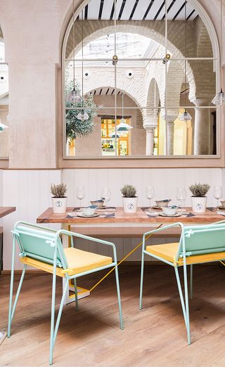 Set tables with metal painted chairs