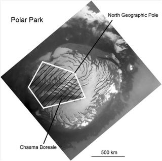 Map of Mars' north polar region showing the location of a possible Polar Park.