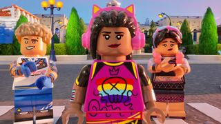 Three Lego minifigs walk the streets of Brick Bay in Lego Fortnite Brick Life.