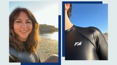 Susan Griffin wearing the ZONE3’S OWS TI+ THERMAL HIGH NECK wetsuit swimming costume on the beach, smiling at the camera