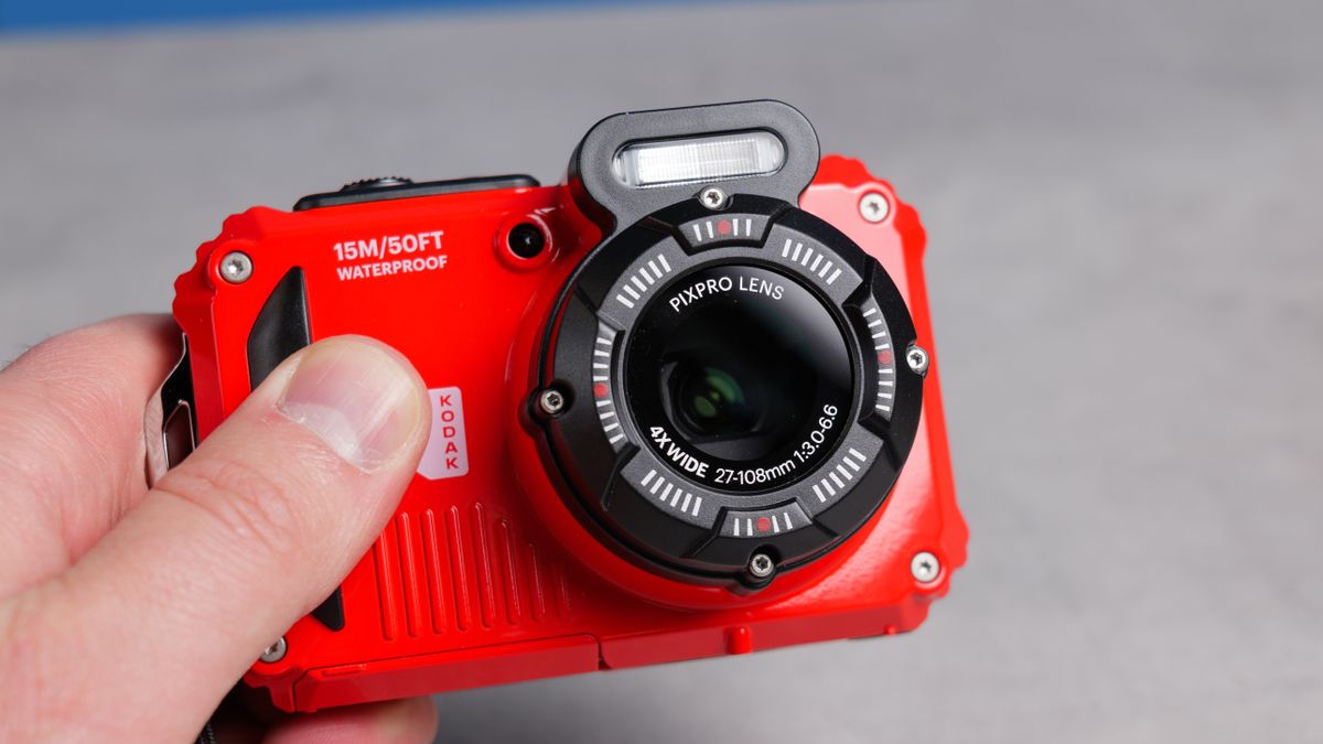 A red Kodak PIXPRO WPZ2 compact camera