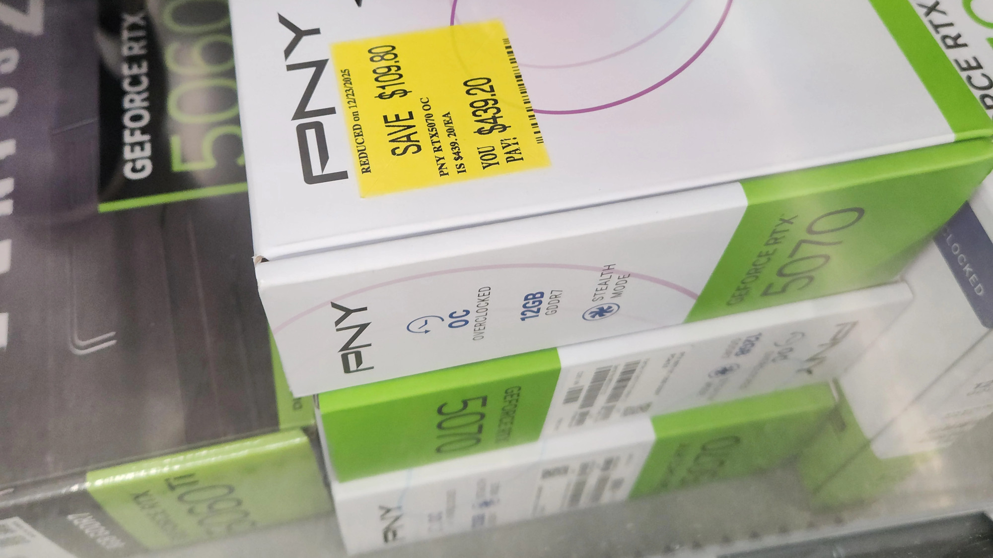 PNY RTX 5070 box showing Walmart discount sticker