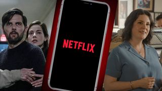 (From L to R) Adam Scott as Tom and Michelle Monaghan as Detective Amanda in The Whisper Man | A phone with Netflix on it | Melanie Lynskey as Elizabeth in Don't Say Good Luck