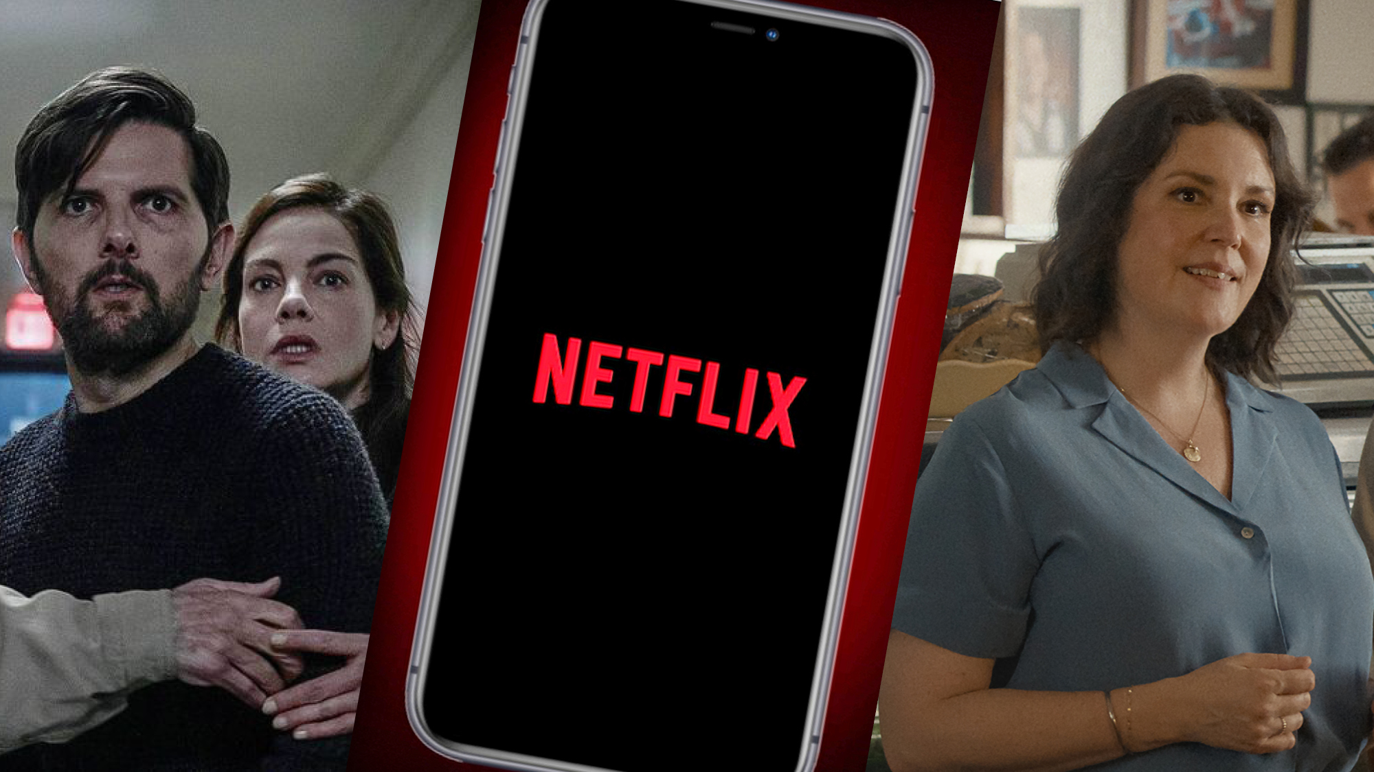 (From L to R) Adam Scott as Tom and Michelle Monaghan as Detective Amanda in The Whisper Man | A phone with Netflix on it | Melanie Lynskey as Elizabeth in Don't Say Good Luck