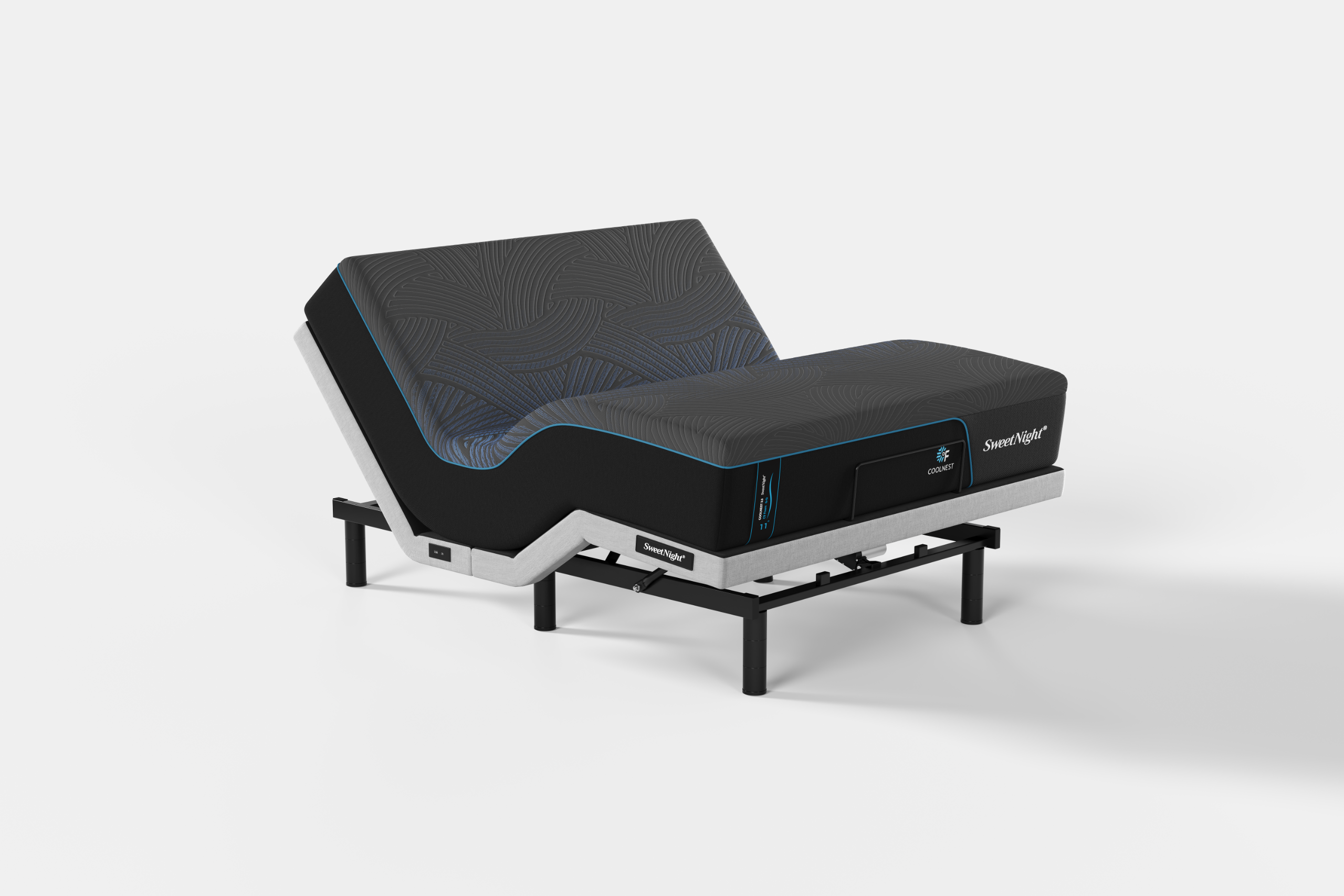 Adjustable bedframe with lower third raised but flat, and top third raised at an angle