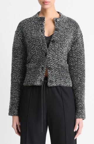 Herringbone Textured Wool Blend Crop Jacket