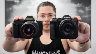 James Artaius holding a Canon EOS R8 Mark II and a Canon T80
