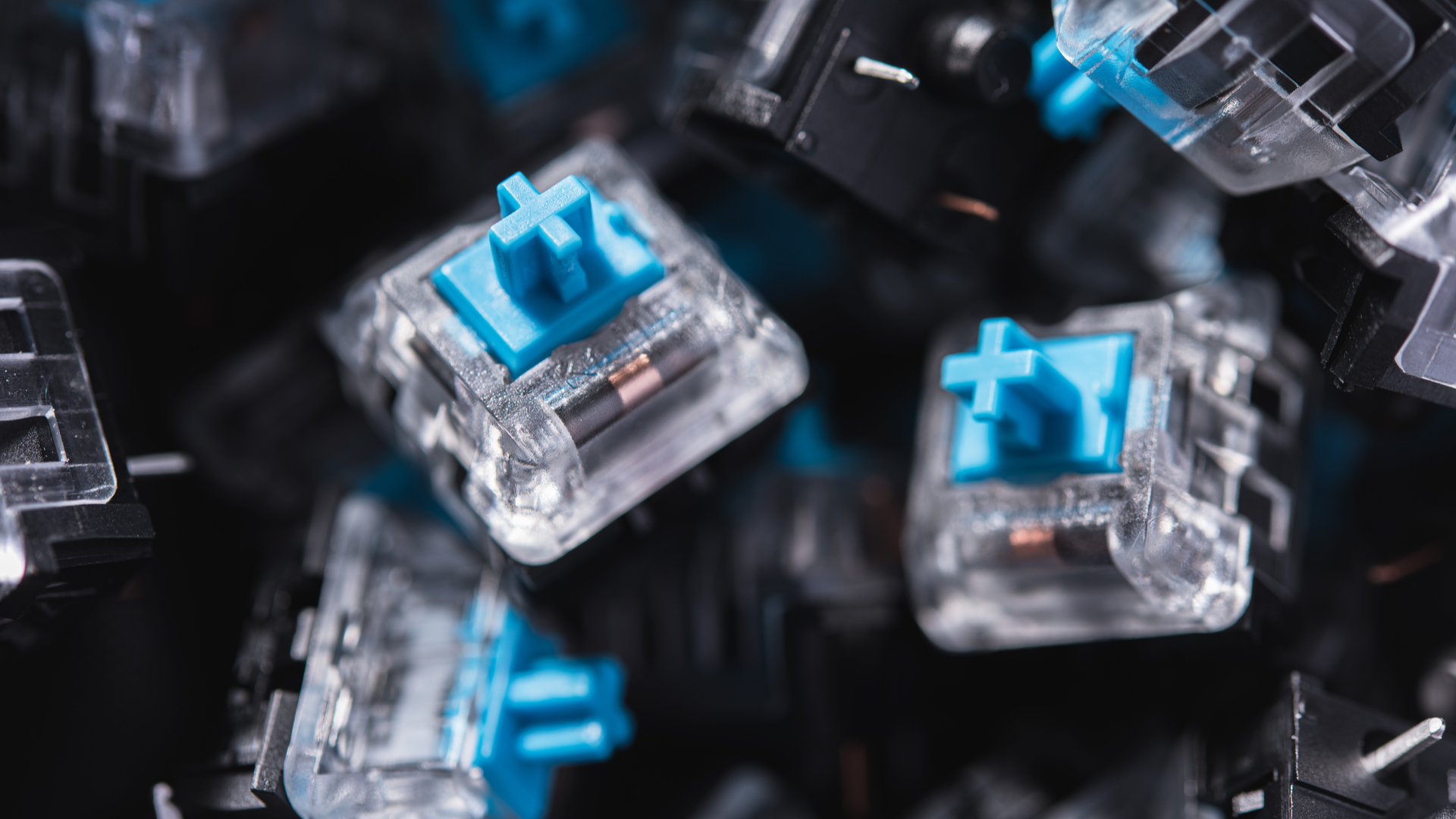 Macro photo of blue mechanical keyboard switches