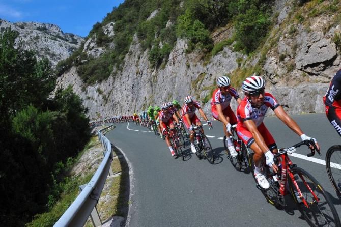 Katusha at the front of the main bunch